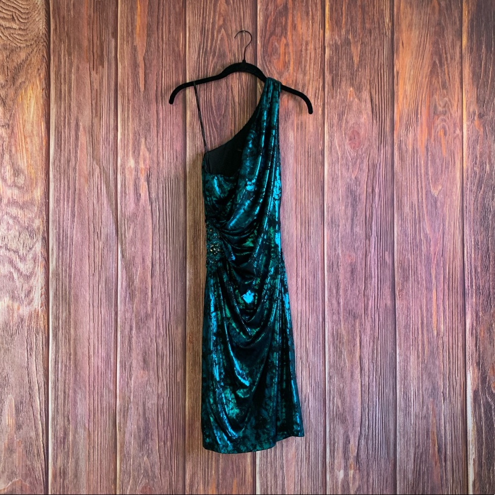 David Meister Teal One Shoulder Dress